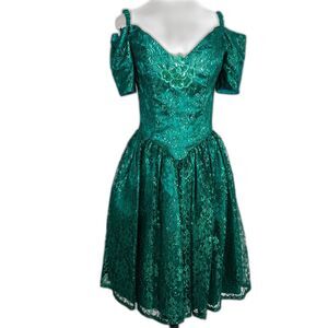 Gunne Sax | Metallic Shiny Forest Green Lace Fairy Dream Winter Dress | Sz 6